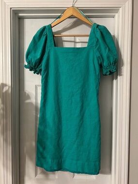 Draper James Teal Puff-Sleeve Square Neck Mini Dress